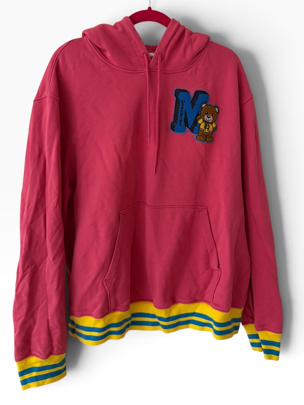 Moschino Couture Pink Hoodie with Teddy M Patch and Striped Trim